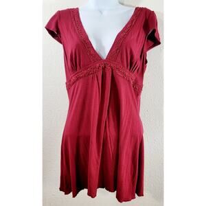 Miss Chievous Burgundy Bead & Lace V Neck Top XL Short Capped Sleeves Soft Flowy